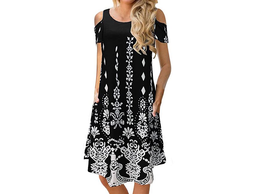 SAUKOLE Casual Floral Print Short Sleeve Midi Dress