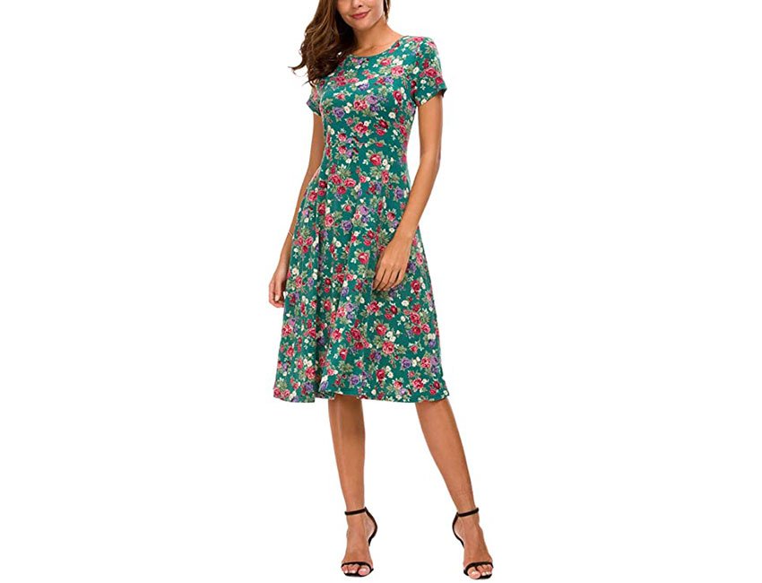 Casual T Shirt Dresses Floral Short Sleeve Flared Midi Dress