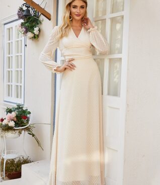Beige Color V Neck Chiffon Maxi Dress