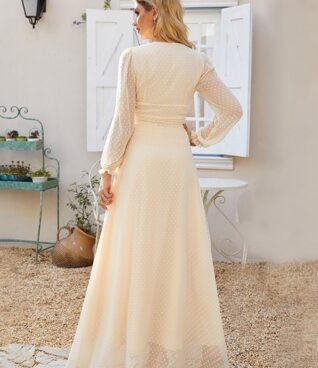 Beige Color V Neck Chiffon Maxi Dress