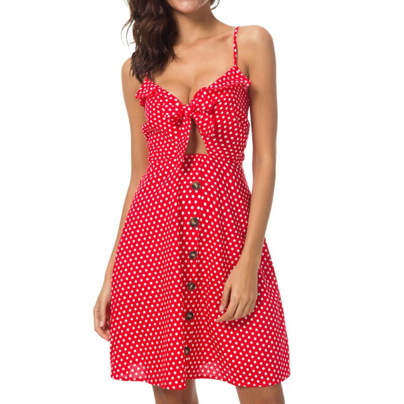 Dot Print Red Mini Dress Backless Chiffon Summer Dress