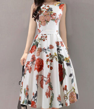 Round Neck Floral Printed Skater Dress