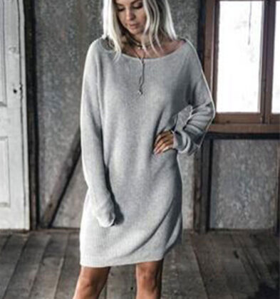 Round Neck Plain Batwing Sleeve Casual Dresses