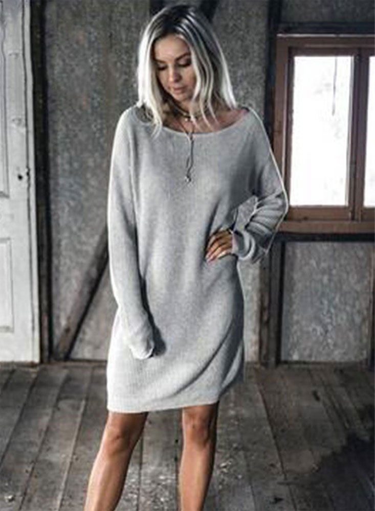 Round Neck Plain Batwing Sleeve Casual Dresses