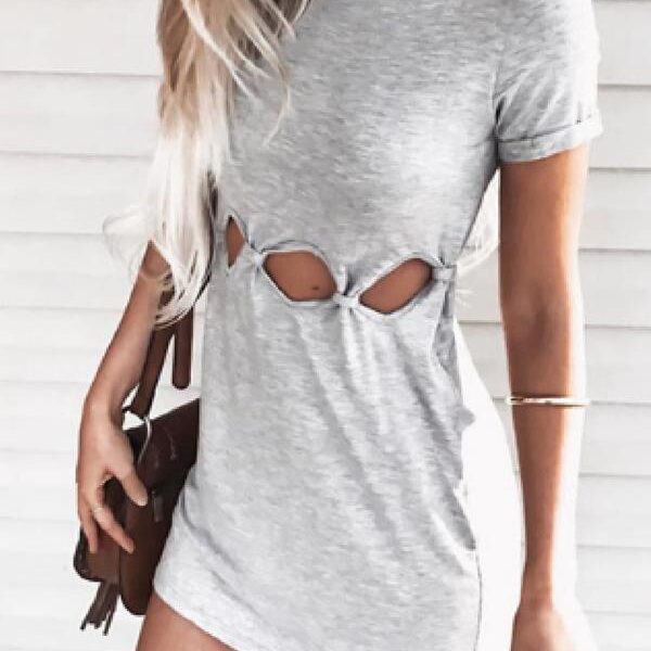 Round Neck Short Sleeve Hollow Out Plain Bodycon Dresses Round Neck Short Sleeve Hollow Out Plain Bodycon Dresses