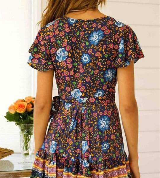 Blue Boho Floral Print Mini Dress