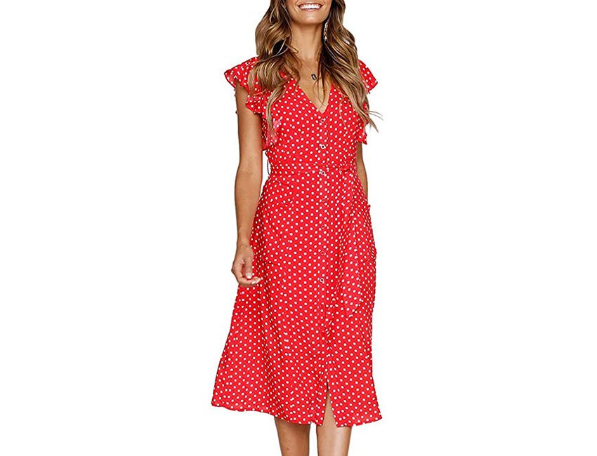 MITILLY Women's Summer Boho Polka Dot Sleeveless V Neck Swing Midi Dress with Pockets