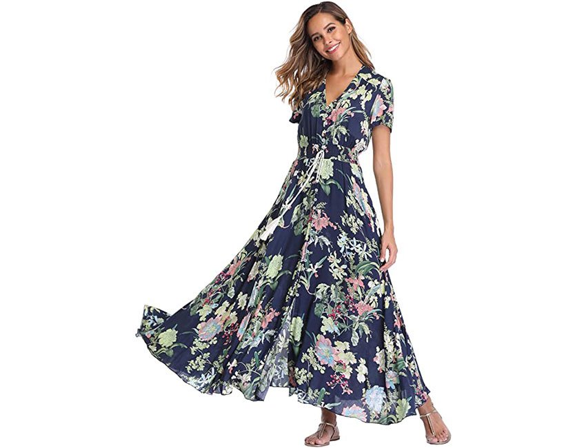 Floral Print Maxi Dresses Boho Button Up