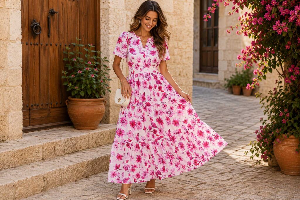 Chloe wearing a pink floral boho maxi dress styled for summer vacation outfits