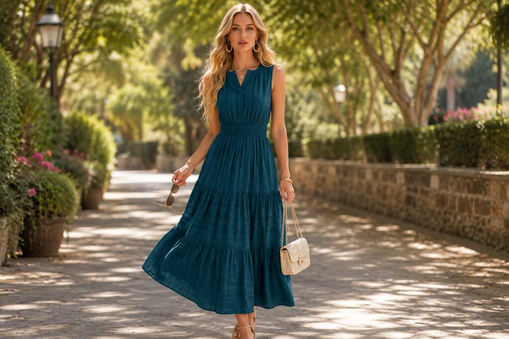 Chloe wearing a teal sleeveless boho midi dress styled for effortless summer fashion outdoors