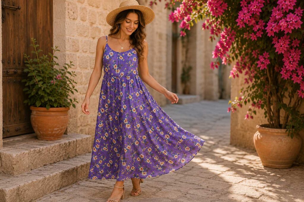 Sofia wearing a flowy floral boho maxi dress in a Mediterranean-inspired courtyard