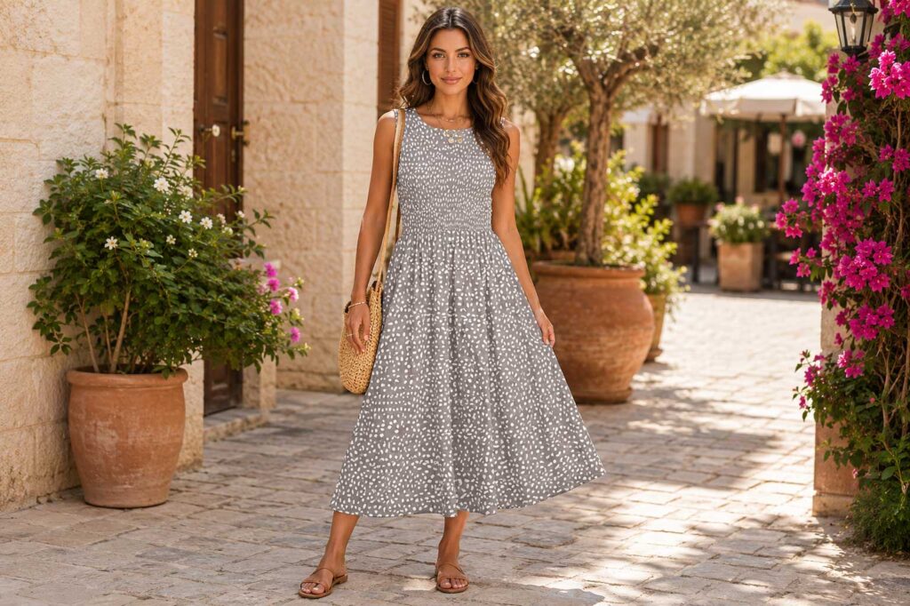 Sofia wearing a neutral sleeveless boho midi dress styled for effortless boutique-inspired summer fashion