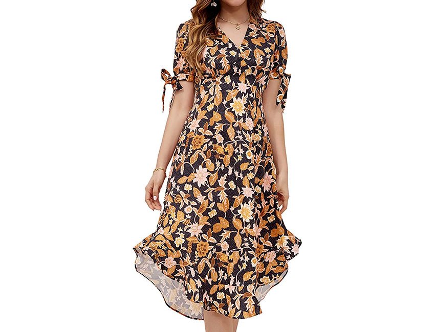 Floral Print Puff Short Sleeve Dresses