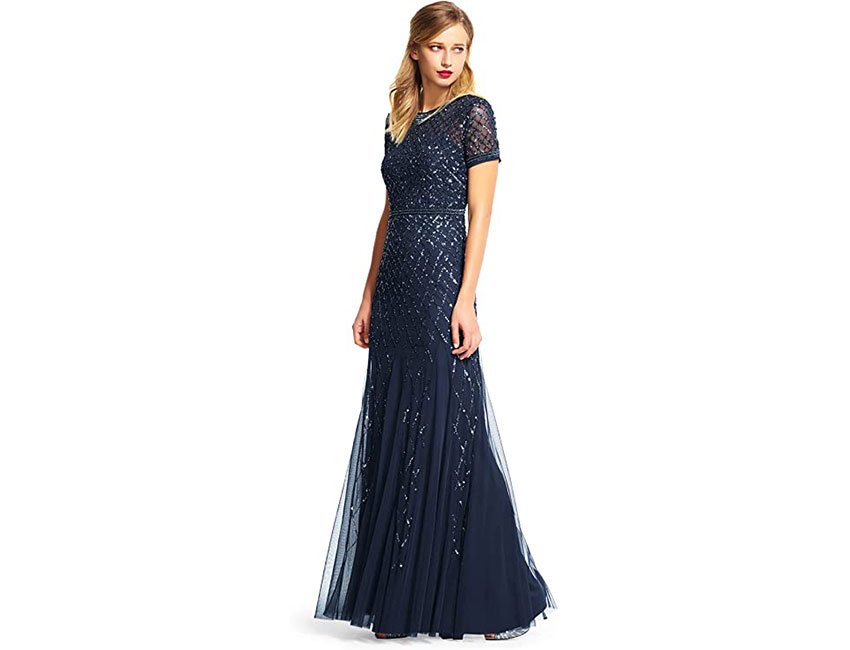 Adrianna Papell Short-Sleeve Beaded Mesh Gown