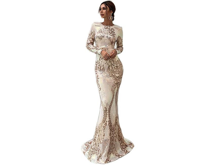 Long Sleeve Backless Sequin Gown