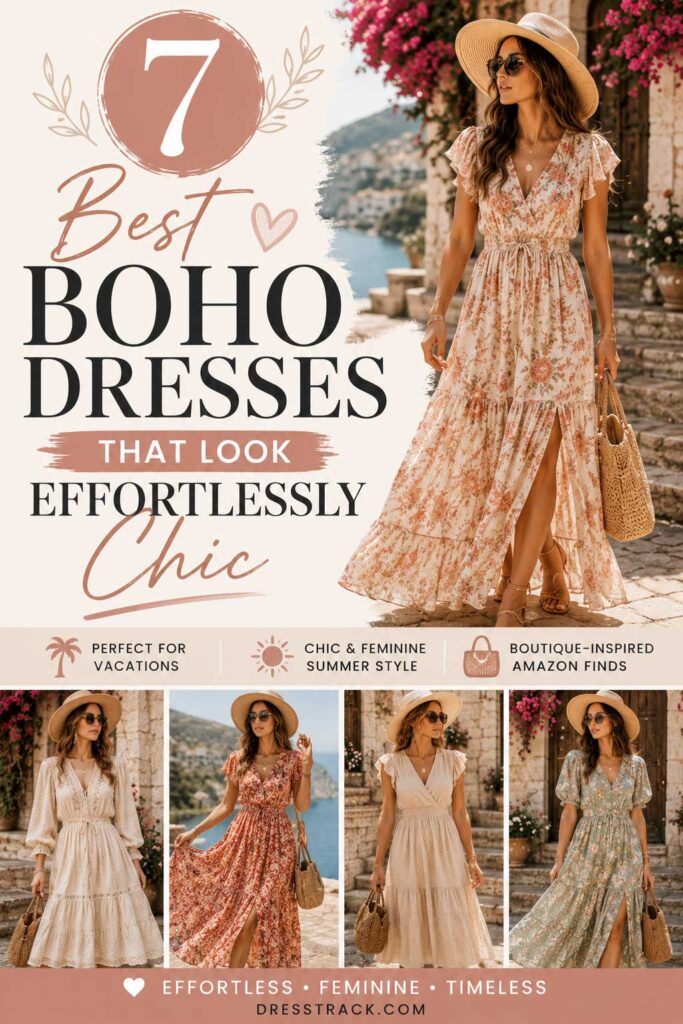 Pinterest pin featuring chic boho dresses for summer vacations