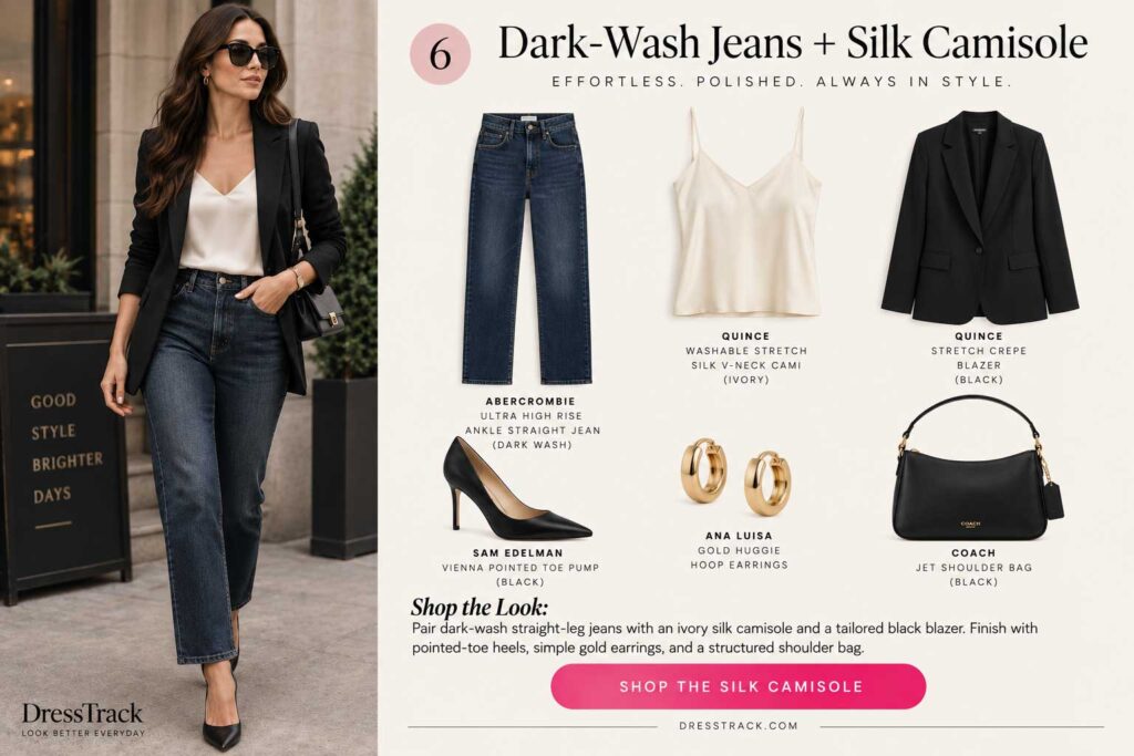 Dark-Wash Jeans Silk Camisole Blazer expensive-looking outfits